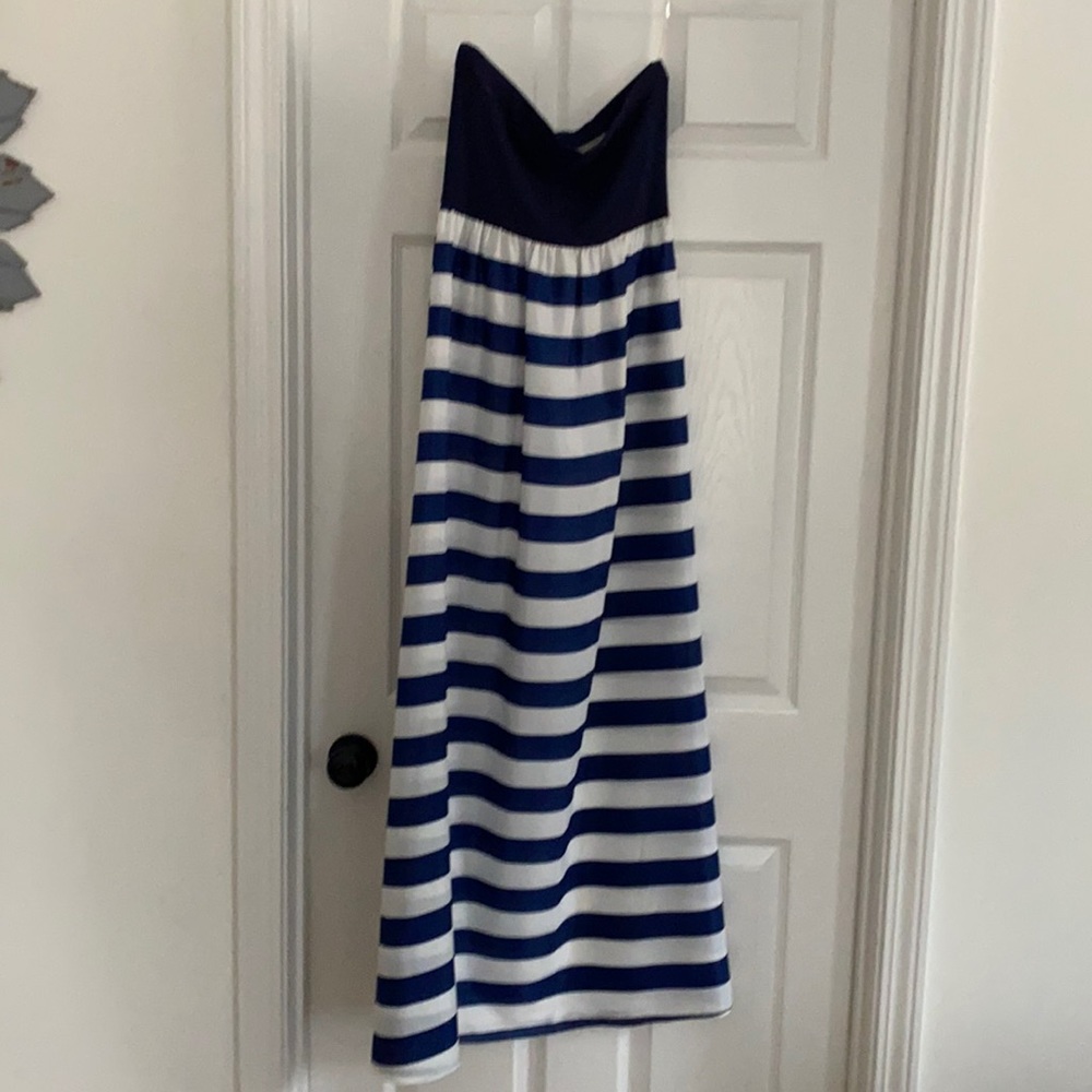 Navy and white striped maxi dress. Long. Strapless.